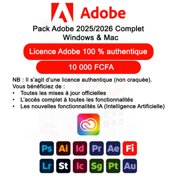 Pack Adobe 2025/2026 Complet – Photoshop, Lightroom, Illustrator, Premiere Pro et plus (Windows & Mac) [L1A3]