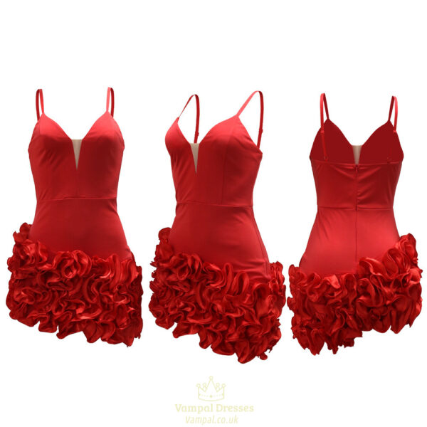 Mini Robe Rouge – Décolleté V en Tulle & Ourlet Volanté Floral [M5A1]