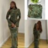 Robe longue imprimée vert et marron, manches évasées et dos ouvert [M5A3]