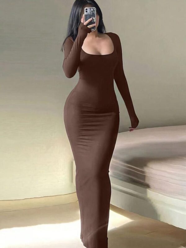 Robe longue bodycon marron à manches longues [M5A2]