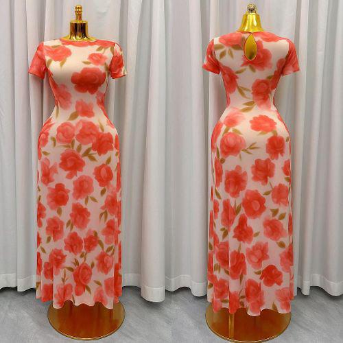 Robe maxi orange & rouge à fleurs – Élégance lumineuse [M5A5]