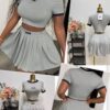 Ensemble deux pièces gris tendance – Crop top & jupe plissée [M5A8]