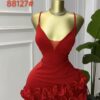 Mini Robe Rouge – Décolleté V en Tulle & Ourlet Volanté Floral [M5A1]