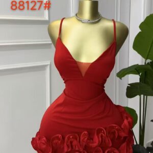 Mini Robe Rouge – Décolleté V en Tulle & Ourlet Volanté Floral [M5A1]