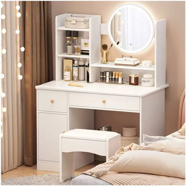Coiffeuse Moderne Blanche avec Miroir LED – Élégance & Organisation Beauté [E12A3]