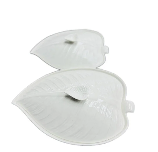Plat en Céramique Blanche en Forme de Feuille avec Couvercle Serie de 2pcs [E8A9]