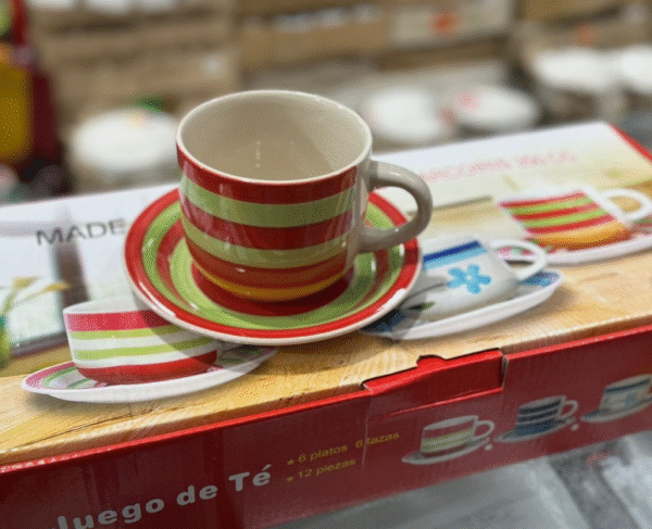 Ensemble de tasses et soucoupes en céramique à rayures colorées – Lot de 6 [E8A3]