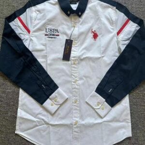 a U.S. Polo Assn. white regular-fit striped cotton casual shirt.  [M21A1]