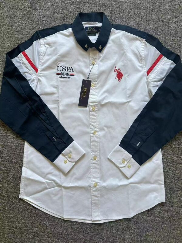 a U.S. Polo Assn. white regular-fit striped cotton casual shirt.  [M21A1]