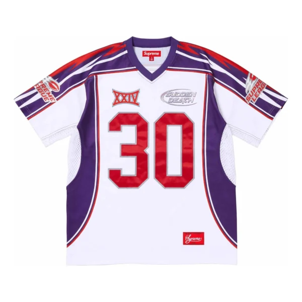 Maillot Supreme Sudden Death – Jersey Football Blanc aux accents violet & rouge [M16A5]