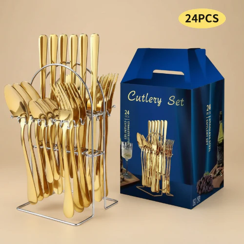 Set de Couverts 24 Pièces en Acier Inoxydable Doré avec Support Élégant [E13A2]