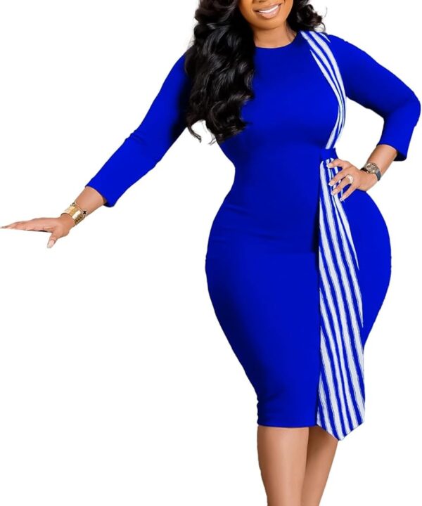 Robe Midi Bodycon Bleu Royal à Rayures Verticales [MH7A5]