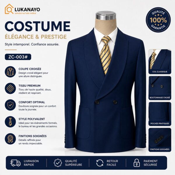 Ensemble costume Homme Bleu Marine Croisé – Revers en Pointe, Élégance Premium [M21A9]