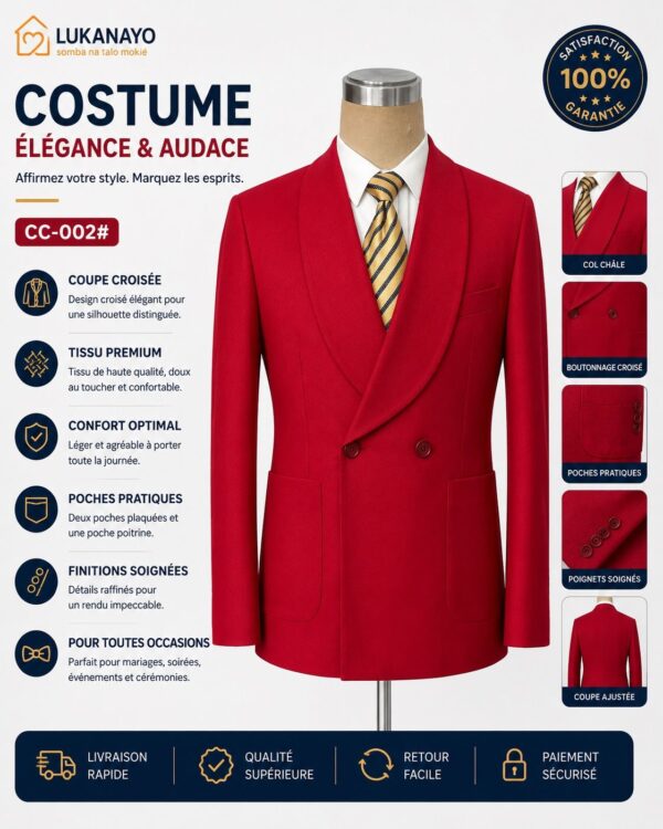 Ensemble Costume Rouge Croisé Col Châle – Signature Audacieuse [M21B7]