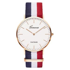 Montre Quartz Geneva Platinum – Boîtier Rose Gold & Bracelet Nylon Tricolore [M.A7]