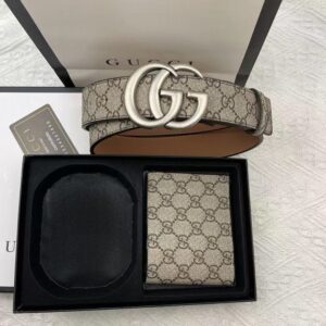 Ensemble Gucci GG Marmont – Ceinture Réversible & Portefeuille assorti en Toile GG Supreme Beige & Ébène [M8A3]