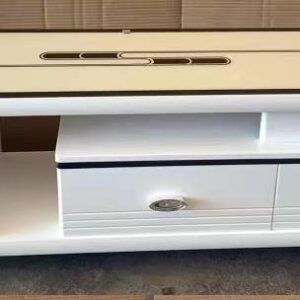 Meuble TV Blanc Brillant en Bois avec Plateau en Verre et 2 Tiroirs [E7A6]