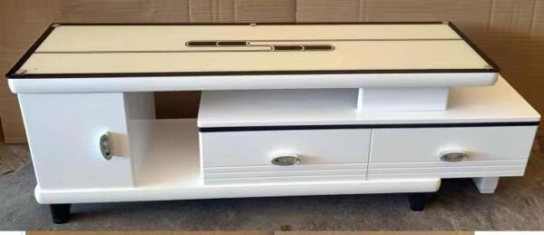 Meuble TV Blanc Brillant en Bois avec Plateau en Verre et 2 Tiroirs [E7A6]