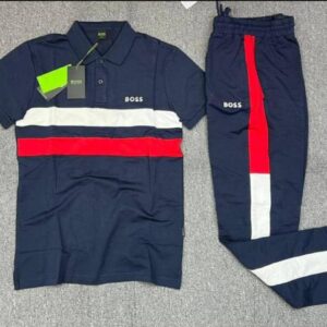 Ensemble BOSS – Polo & Pantalon de Jogging Marine à Bandes Tricolores [M21C3]