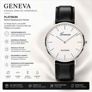Montre Quartz Geneva Platinum – Boîtier Argent & Bracelet en Cuir Noir [M8A8]