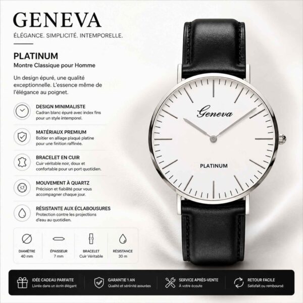 Montre Quartz Geneva Platinum – Boîtier Argent & Bracelet en Cuir Noir [M8A8]