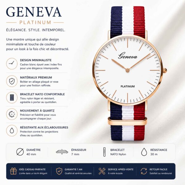 Montre Quartz Geneva Platinum – Boîtier Rose Gold & Bracelet Nylon Tricolore [M8A7]