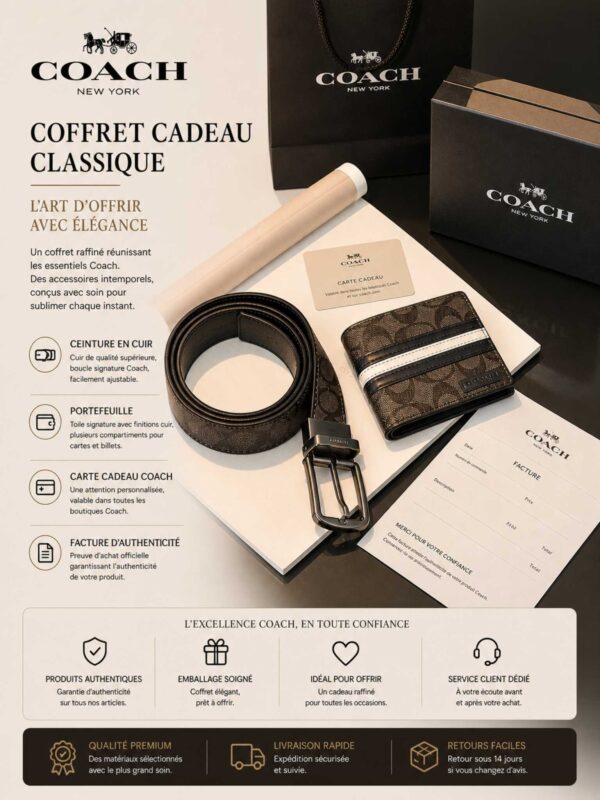 Ensemble COACH – Portefeuille & Ceinture en Cuir [M8A4]