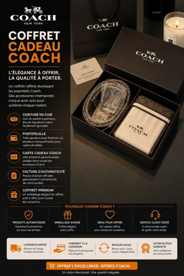 Ensemble COACH – Portefeuille & Ceinture en Cuir [M8A4]