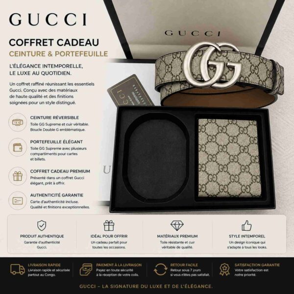 Ensemble Gucci GG Marmont – Ceinture Réversible & Portefeuille assorti en Toile GG Supreme Beige & Ébène [M8A3]