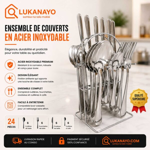 Set de Couverts en Acier Inoxydable 24 Pièces avec Support [E13A4]