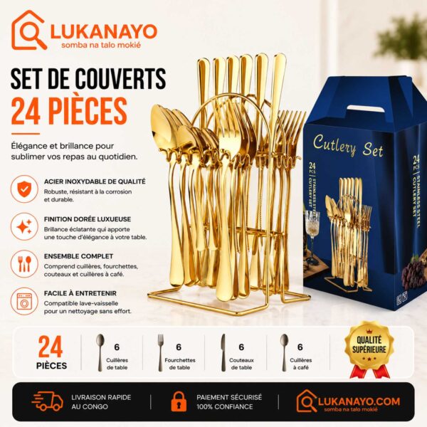 Set de Couverts 24 Pièces en Acier Inoxydable Doré avec Support Élégant [E13A2]