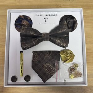 Ensemble DiBanGu – Nœud Papillon Paisley Noir & Or et Accessoires [M21C9]