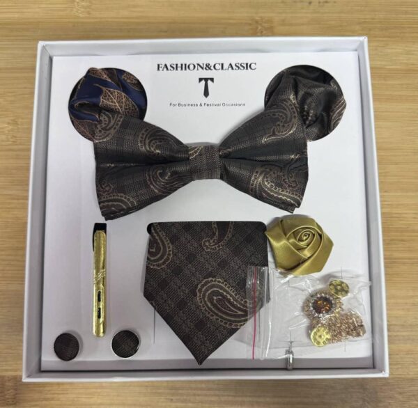 Ensemble DiBanGu – Nœud Papillon Paisley Noir & Or et Accessoires [M21C9]