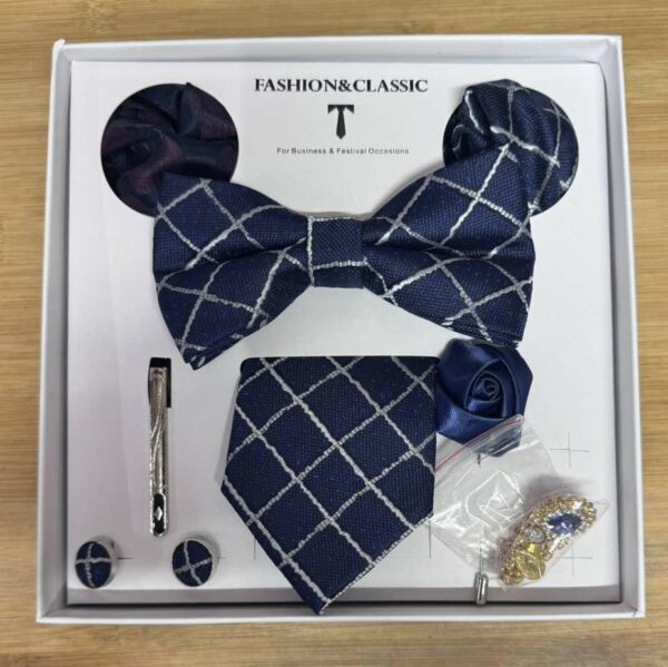 Coffret Accessoires Homme – Bleu Marine à Carreaux (Cravate & Nœud Papillon) [M21C8]