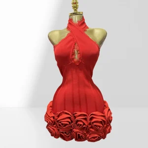 Robe Mini "Yolanda" – Col Halter & Jupe à Roses Sculpturales [M22A9]