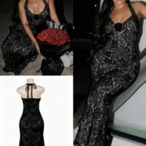 Robe Maxi Bodycon à Dentelle – Dos Nu & Motif Floral (Noir) [M22A1]