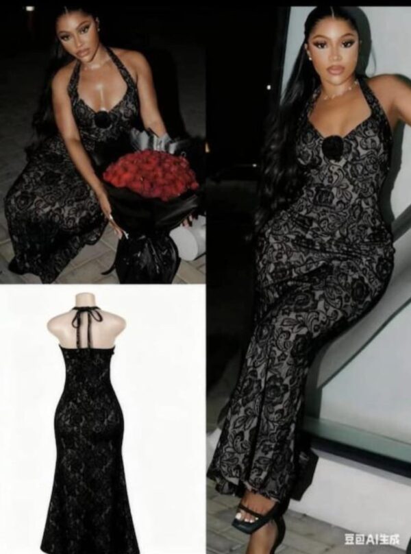 Robe Maxi Bodycon à Dentelle – Dos Nu & Motif Floral (Noir) [M22A1]