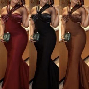 Robe de Soirée Sirène en Satin – Col Halter Multi-Brides & Buste Cœur [M22A2]