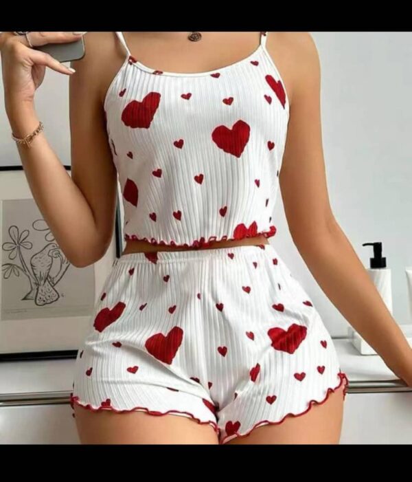 Ensemble Pyjama "Sweetheart" – Rib Blanc & Cœurs Rouges [M10B5]