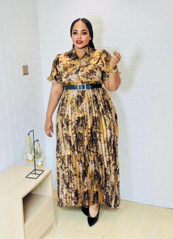 Robe-Chemise Plissée – Élégance Graphique avec Ceinture Noire [M22C6]