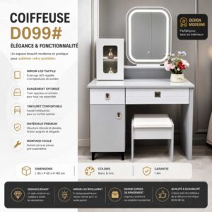 Coiffeuse "Luna Modern" – Blanc & Gris avec Miroir LED [E21A5]