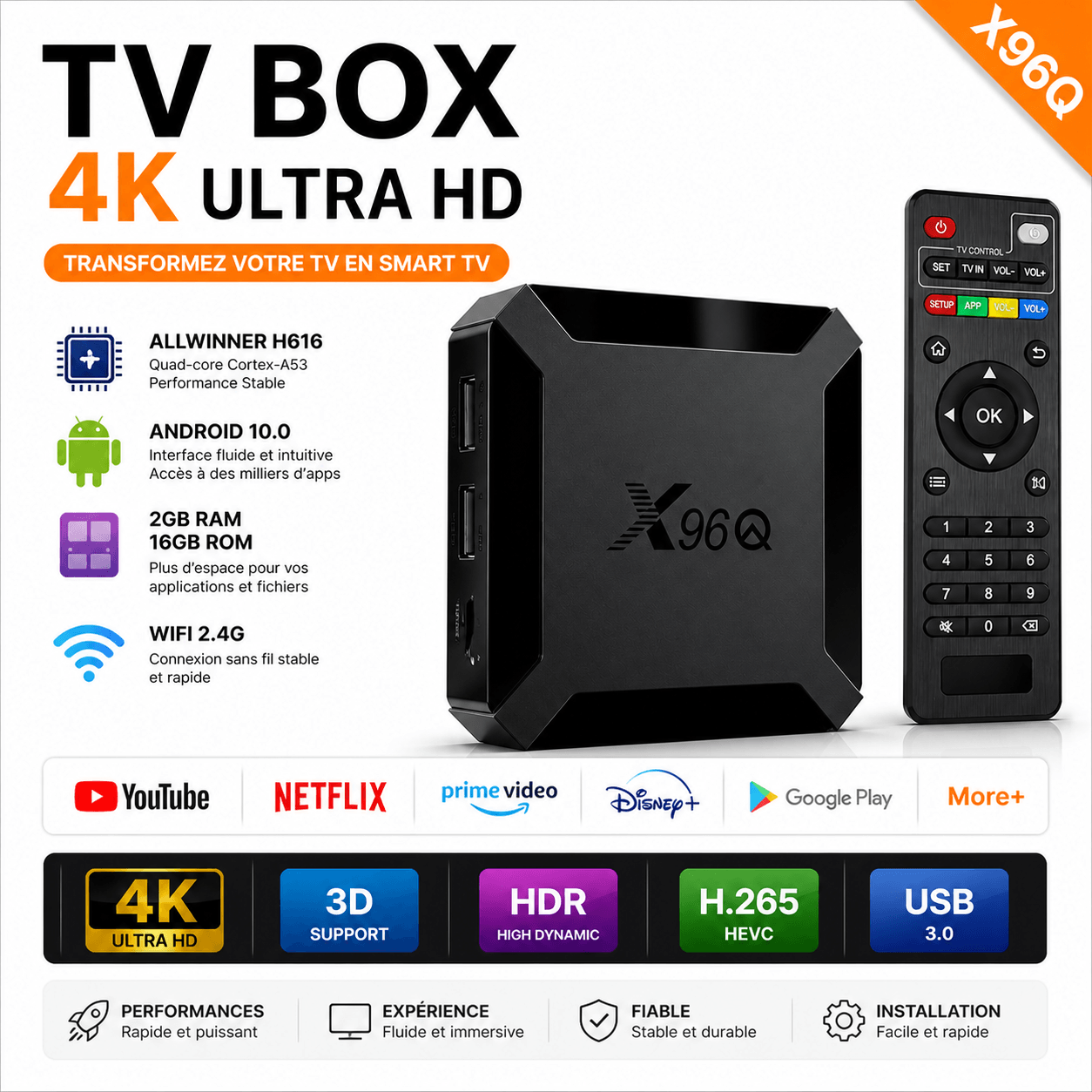 Box Android TV X96Q – 2Go RAM / 16Go ROM 4K – Divertissement sans limite sur votre télé [E1A2]