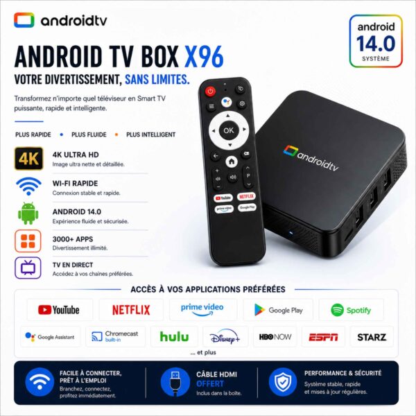 TV Box Android 14.0 – 2Go RAM / 16Go ROM – Transformez votre télé en Smart TV [E1A12]
