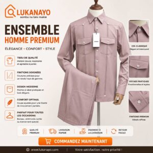 Ensemble Guayabera Eluno – Vieux Rose & Piping Contrasté [M21G3]