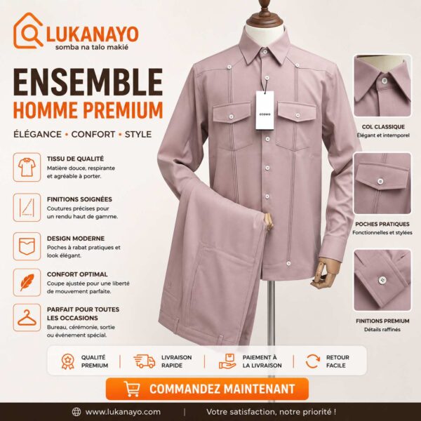 Ensemble Guayabera Eluno – Vieux Rose & Piping Contrasté [M21G3]