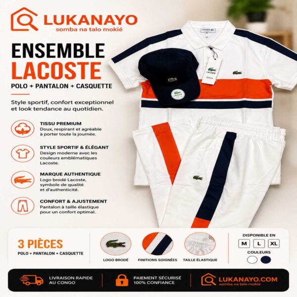 Ensemble Lacoste Sportswear – Blanc, Navy & Orange Pop [M21G9]
