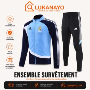 Survêtement Rétro Adidas Real Madrid – Veste Bleu Ciel & Pantalon Noir [M21G7]