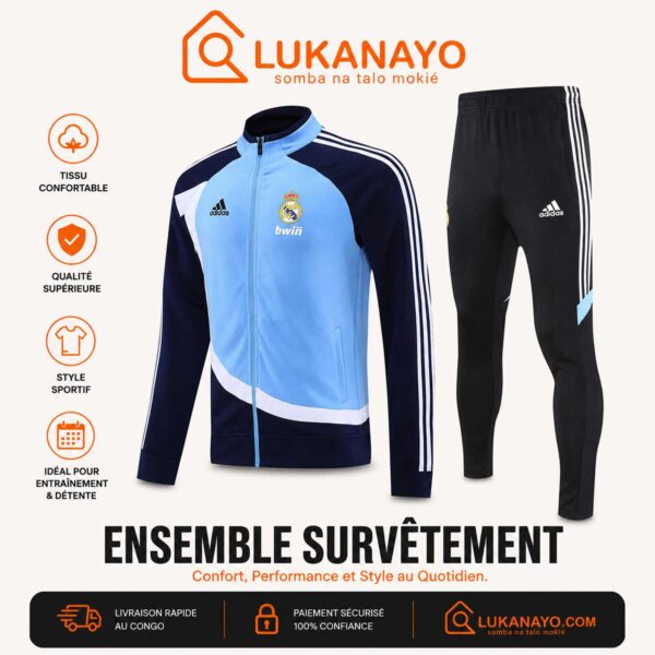 Survêtement Rétro Adidas Real Madrid – Veste Bleu Ciel & Pantalon Noir [M21G7]