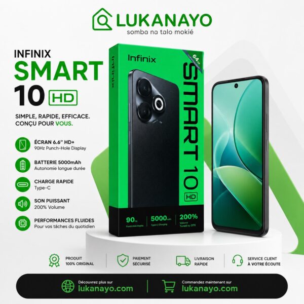 Infinix Smart 10 HD – Grand écran, grande autonomie (4GB RAM + 64GB ROM) [E1A28]