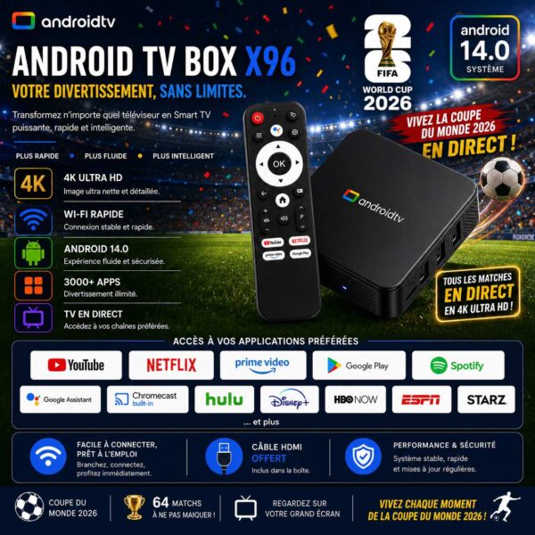 TV Box Android 14.0 – 2Go RAM / 16Go ROM – Transformez votre télé en Smart TV [E1A12]